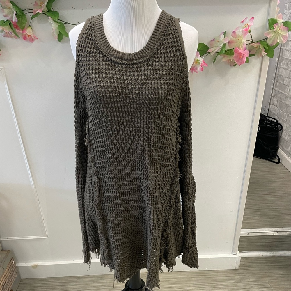 Elan Olive Waffle Knit Cold Shoulder Tunic